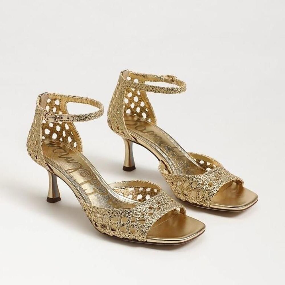 New Sam Edelman Gold Woven Kitten Heels Metallic Strappy Square Toe Sandals 8.5